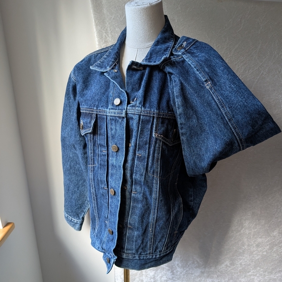 New York Jean co Dark Blue Denim Brown Trim Brass Button Women's Medium Large - Picture 1 of 5
